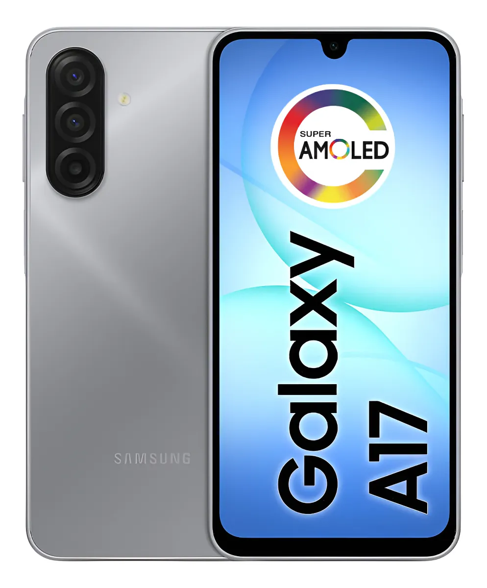 Samsung Galaxy A17 cinza com tela Super AMOLED