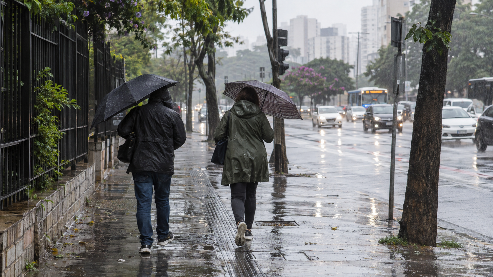frente fria no feriado — Pessoas caminham com guarda-chuvas durante chuva em uma avenida