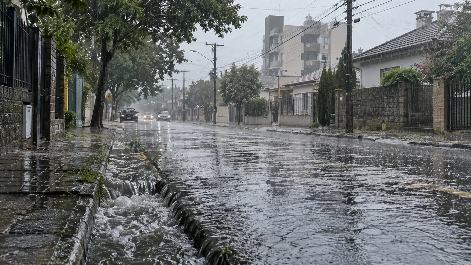 Chuva persistente em uma rua da Região Sul