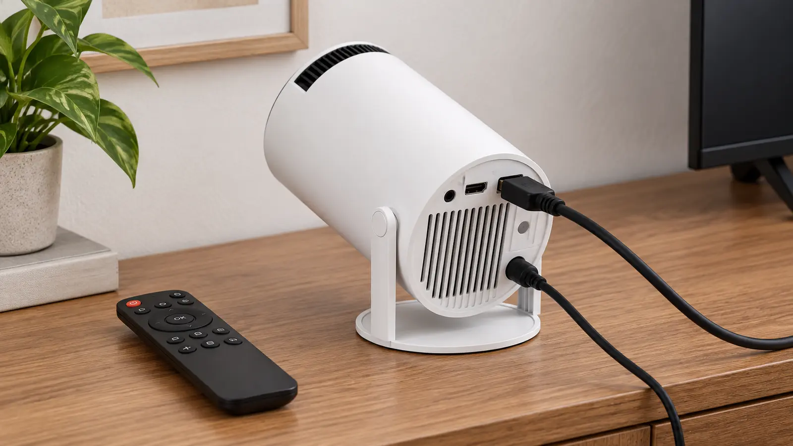 Conexões traseiras do mini projetor HY300 com cabos HDMI e de energia