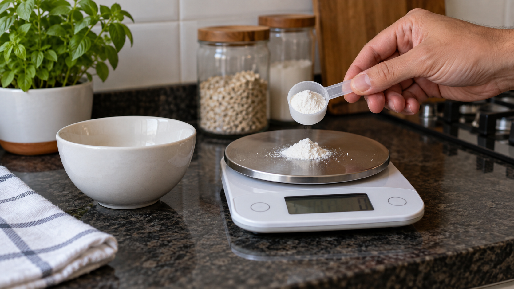 Porção de creatina Soldiers Nutrition 1 kg medida em balança de cozinha em cena ilustrativa