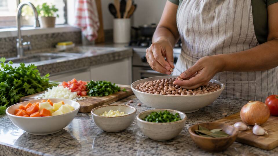 Ingredientes separados para uma refeição preparada na panela de pressão
