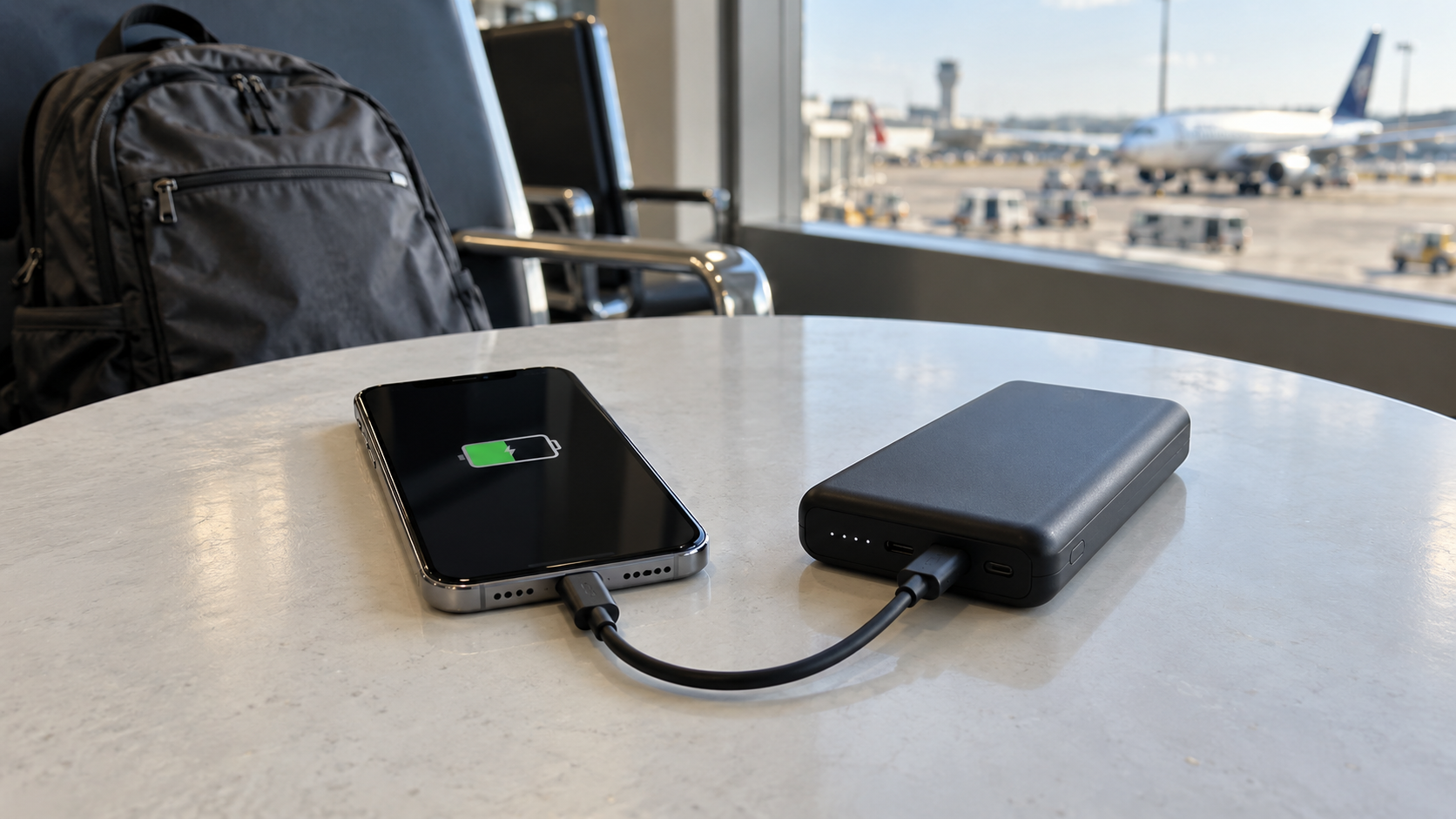 iPhone conectado a power bank durante uma viagem de avião