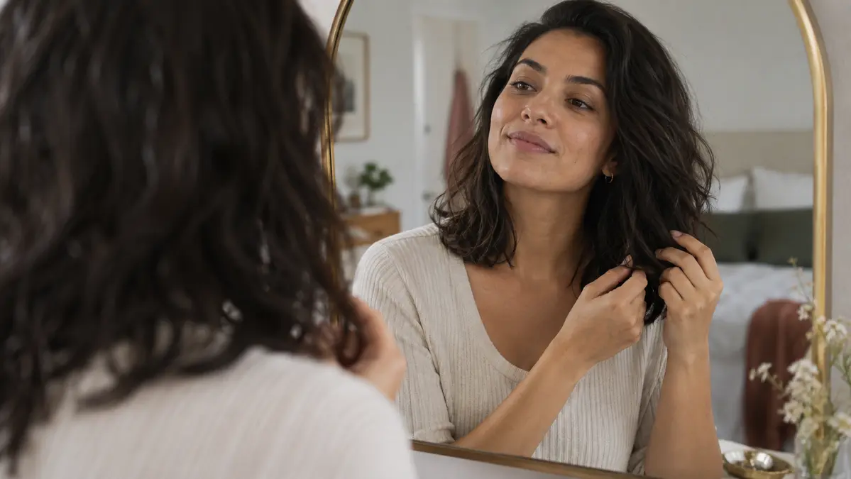 Mulher conferindo no espelho o acabamento natural do cabelo após aplicar óleo nas pontas