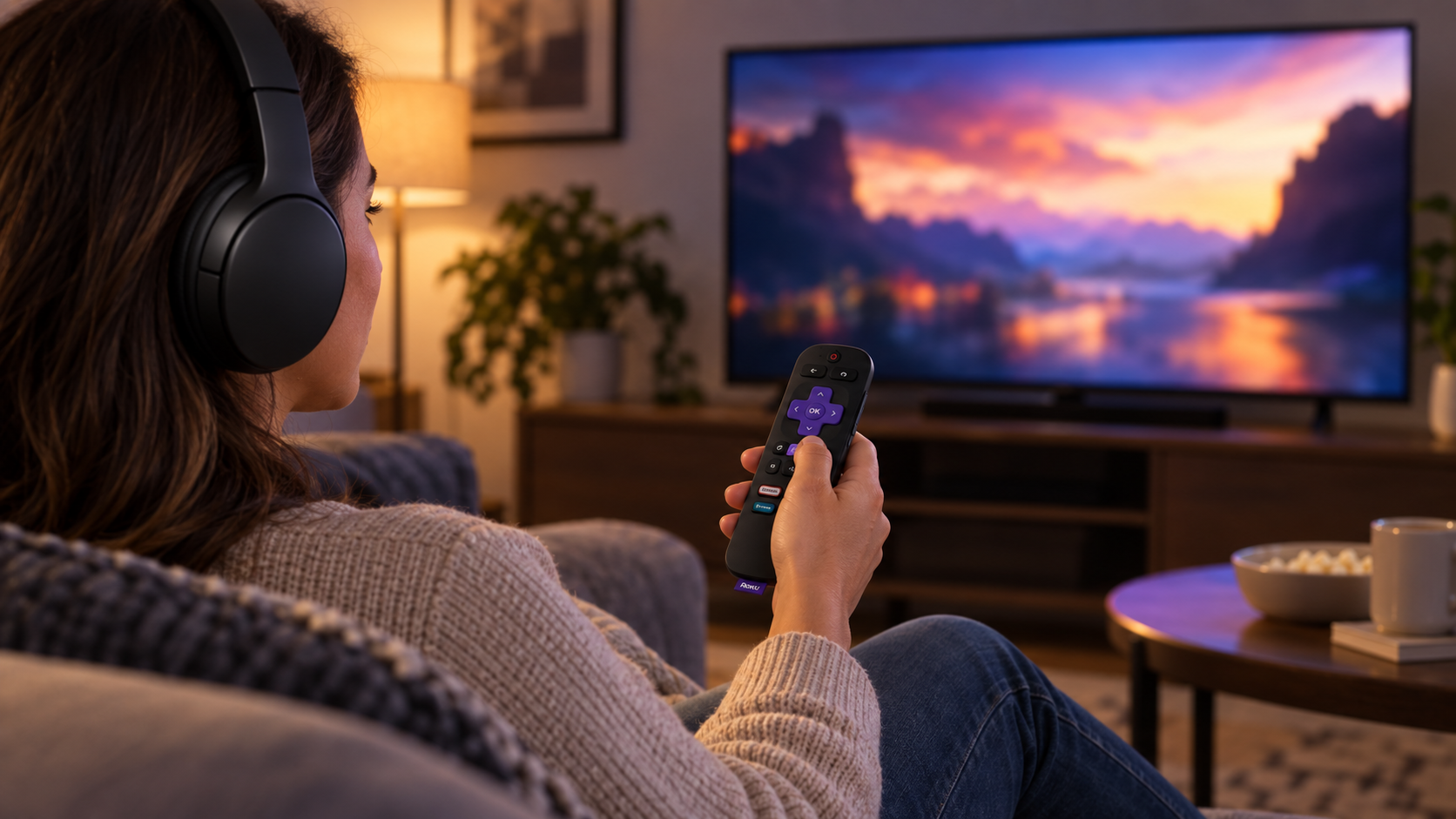 Pessoa assistindo televisão com fones Bluetooth conectados ao Roku