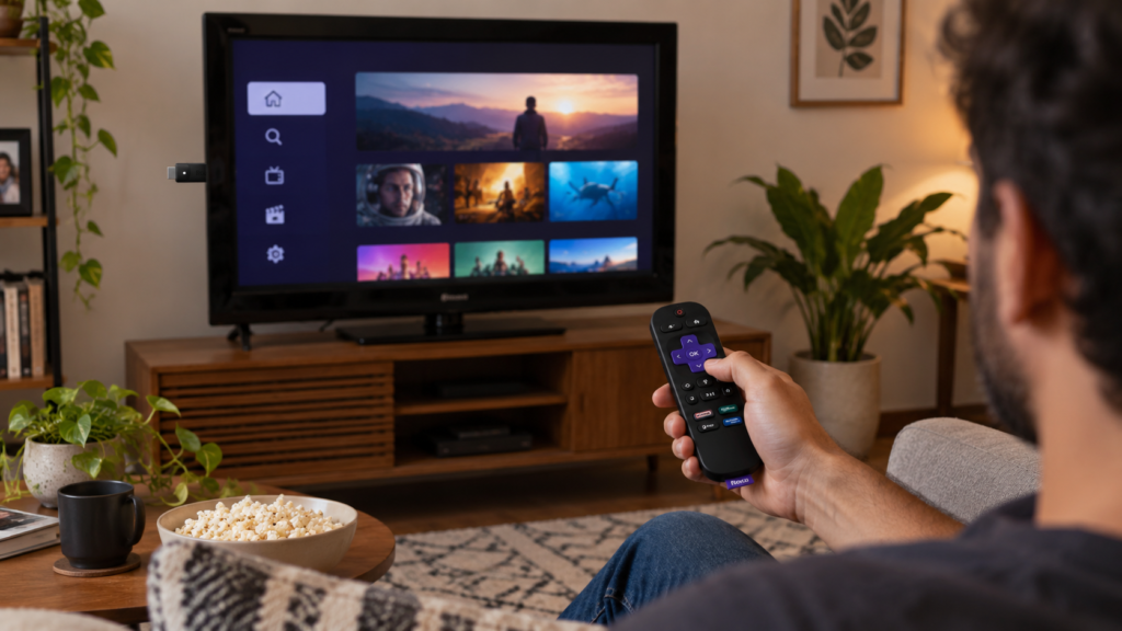 Roku Streaming Stick 2025 com controle remoto diante de uma televisão