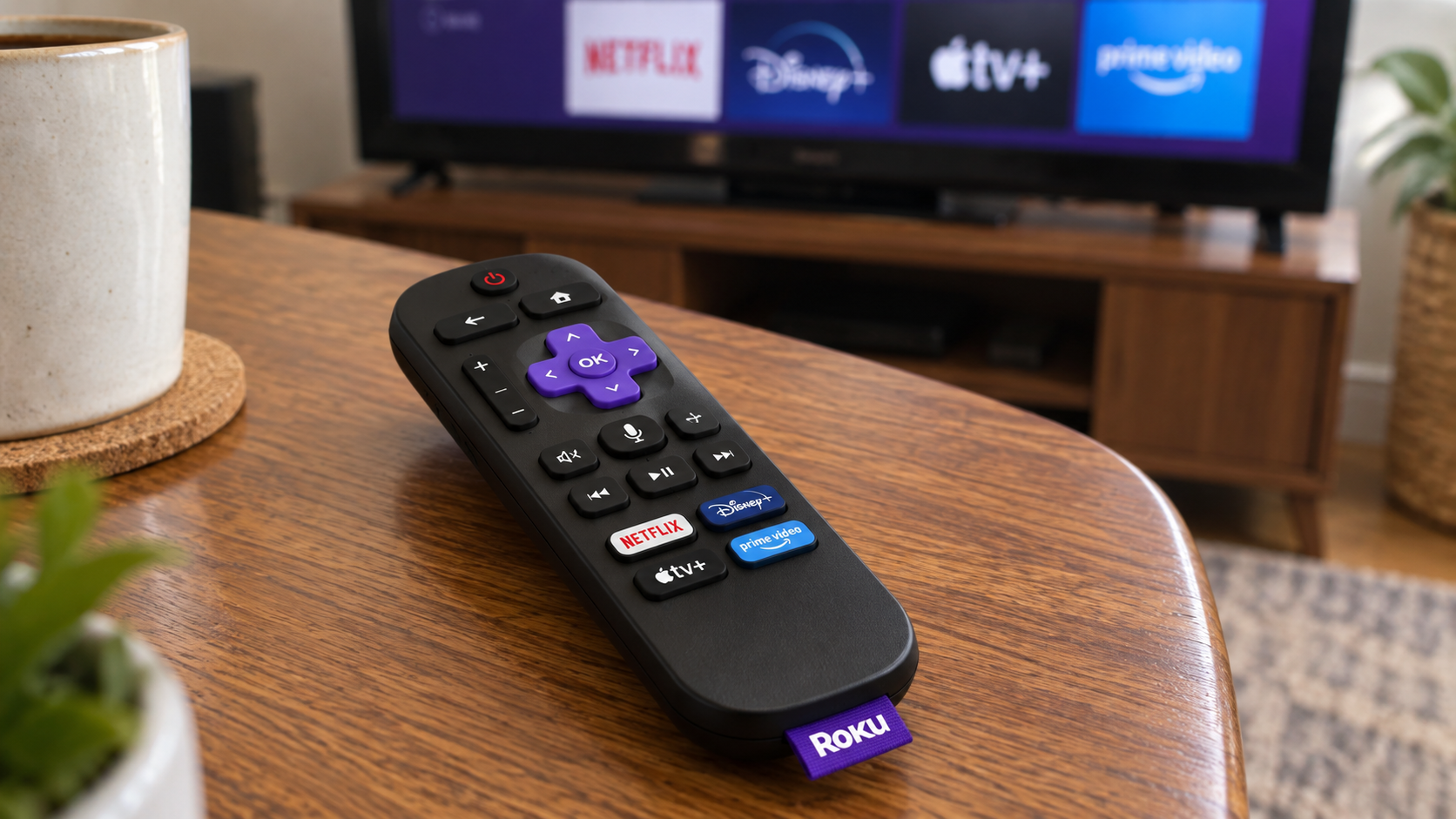 Controle por voz do Roku Streaming Stick 2025 sendo utilizado em uma sala