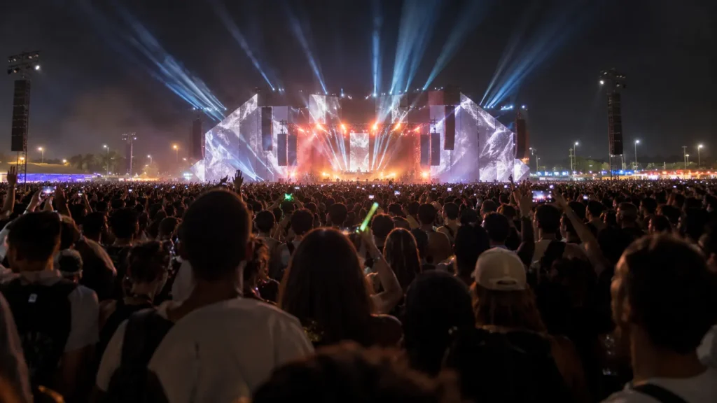 Público diante de um grande palco de festival à noite no Rock in Rio 2026