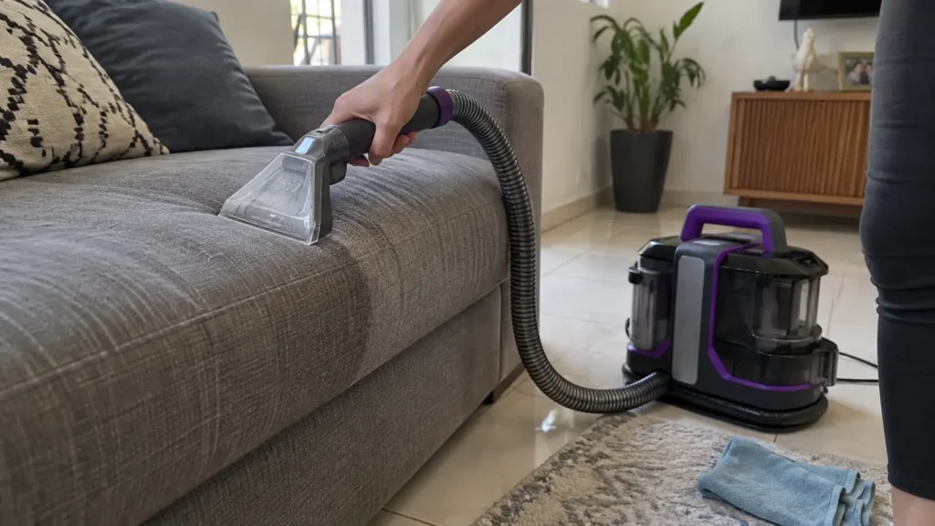 Extratora portátil WAP Spot Cleaner W3 sendo usada na limpeza de um sofá